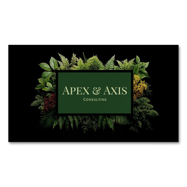 Lush Green Fern Foliage Black Modern Botanical Magnetische Visitenkarte (Vorderseite)