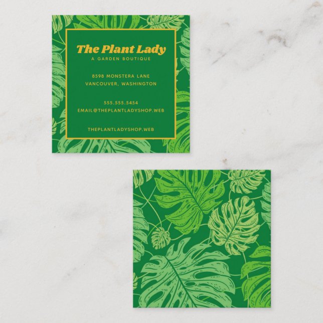 Lush Green Monstera Blätter Quadratische Visitenkarte (Vorne/Hinten)