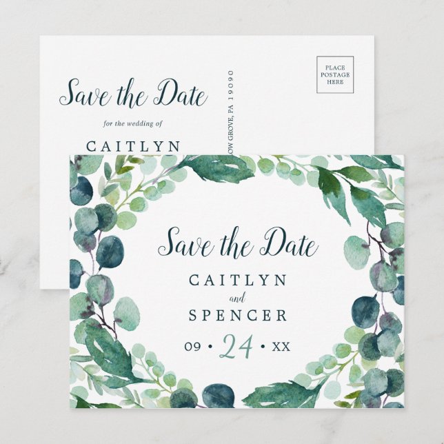 Lush Greenery & Eucalyptus Save the Date Postcard Einladungspostkarte (Vorne/Hinten)