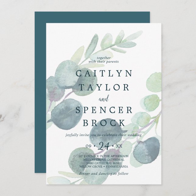 Lush Greenery Faded Eucalyptus Wedding Einladung (Vorne/Hinten)