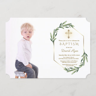 Lush Greenery Gold Cross Boy Foto Taufe Einladung