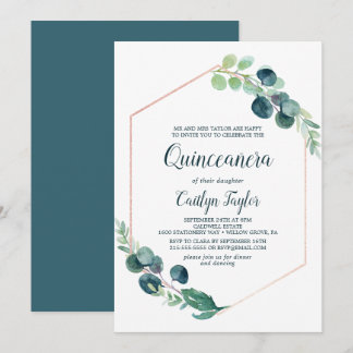 Lush Greenery Rose Gold Geometric Quinceñera Einladung