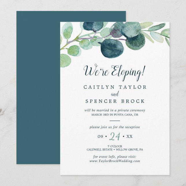 Lush Greenery und Eucalyptus Elopement Empfang Einladung (Vorne/Hinten)