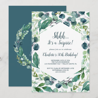 Lush Greenery und Eucalyptus Surprise Party Einladung