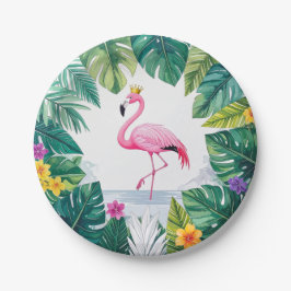 Lush Leafy | Elegant Rosa Flamingo Crown Tropical Pappteller