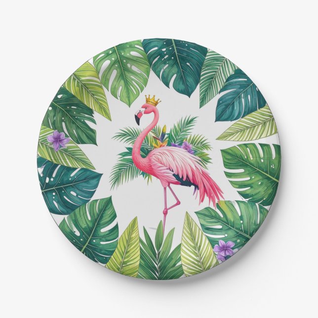 Lush Leafy | Elegant Rosa Flamingo Crown Tropical Pappteller (Vorderseite)