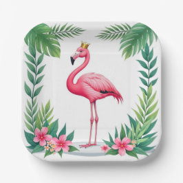 Lush Leafy | Elegant Rosa Flamingo Crown Tropical Pappteller