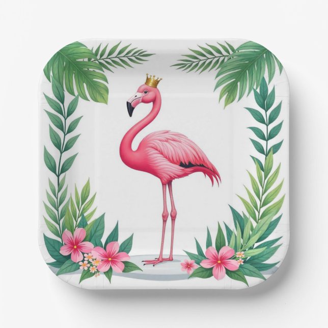 Lush Leafy | Elegant Rosa Flamingo Crown Tropical Pappteller (Vorderseite)