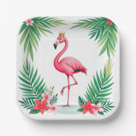 Lush Leafy | Elegant Rosa Flamingo Crown Tropical Pappteller