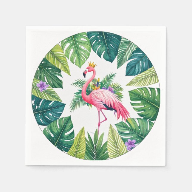 Lush Leafy | Elegant Rosa Flamingo Crown Tropical Serviette (Vorderseite)