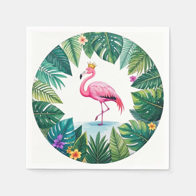 Lush Leafy | Elegant Rosa Flamingo Crown Tropical Serviette (Vorderseite)