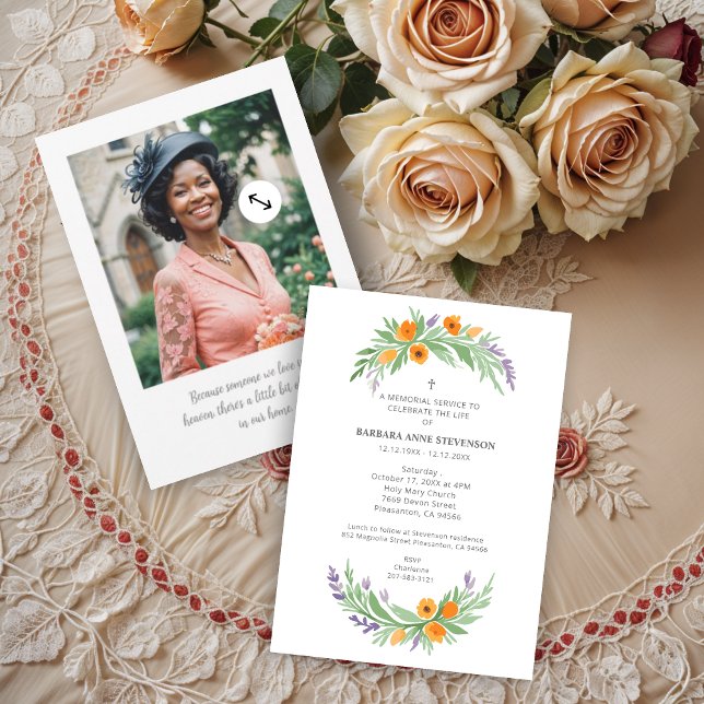 Lush Minimalist Floral Oval Effect Photo Funeral  Einladung (Lush Minimalist Floral Oval Effect Photo Funeral Invitations Cards. )