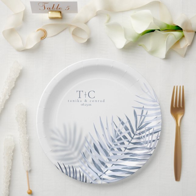 Lush Palm Leaf Wedding Blue/Wht ID956 Pappteller (Hochzeit)