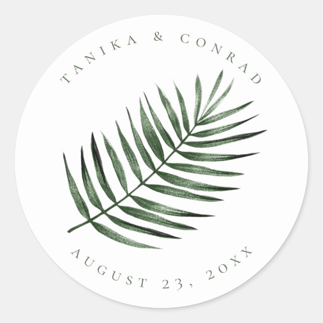 Lush Palm Leaf Wedding Moss Green ID956 Runder Aufkleber (Vorderseite)