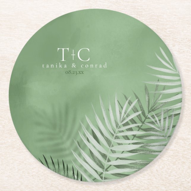 Lush Palm Leaf Wedding Moss Green ID956 Runder Pappuntersetzer (Vorderseite)