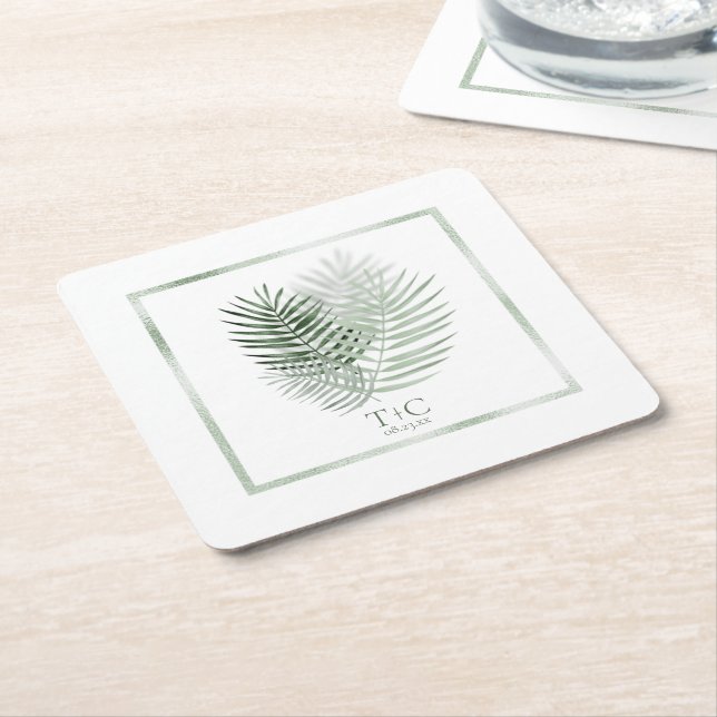 Lush Palm Leaf Wedding Moss Green/White ID956 Rechteckiger Pappuntersetzer (angewinkelt)