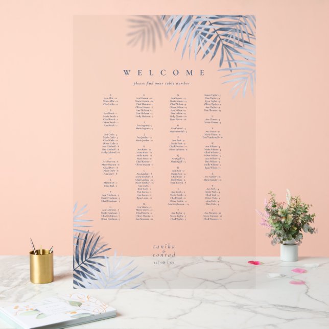Lush Palm Leaf Wedding Seating Blue/Wht ID956 Acrylschild (Hochzeit)