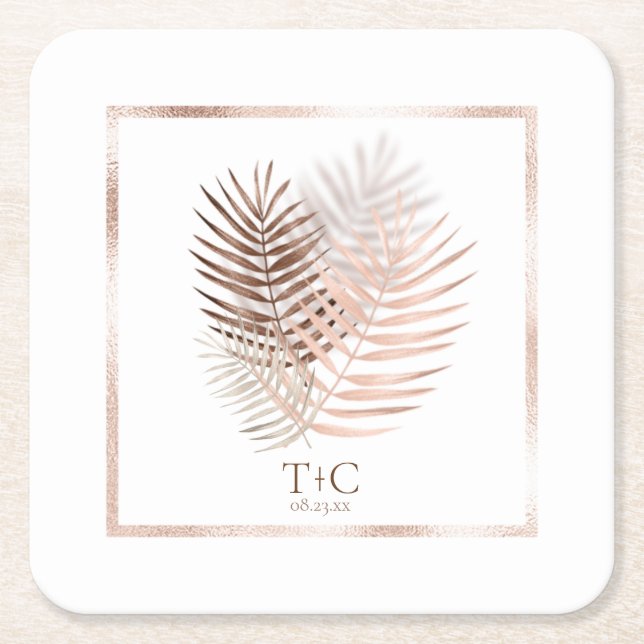 Lush Palm Leaf Wedding Terra Cotta/White ID956 Rechteckiger Pappuntersetzer (Vorderseite)