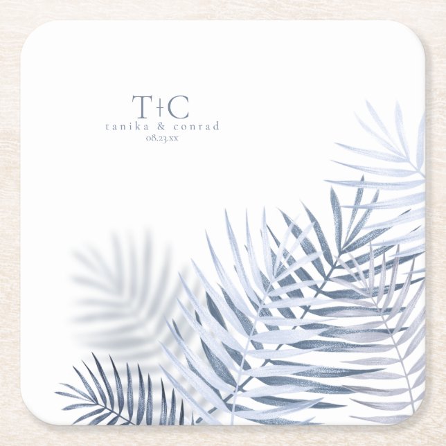 Lush Palm Leaf Wedding Windsor Blue/Wht ID956 Rechteckiger Pappuntersetzer (Vorderseite)