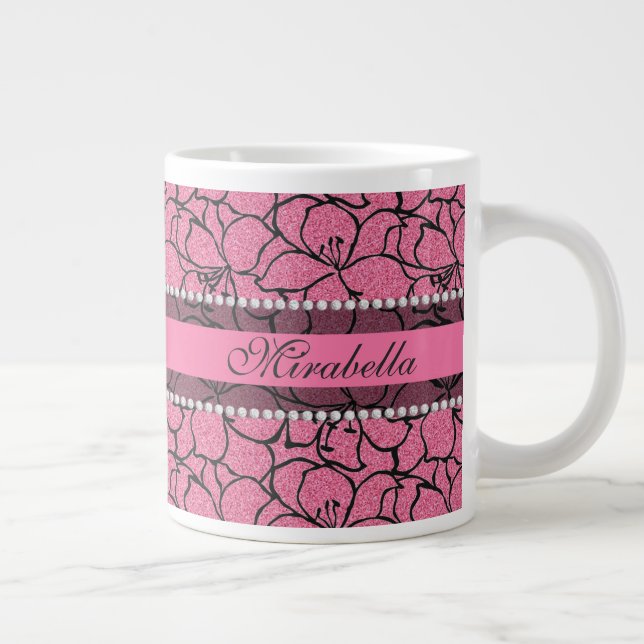 Lush Pink Lilie mit schwarzer Kontur, rosa Glitzer Jumbo-Tasse (Rechts)
