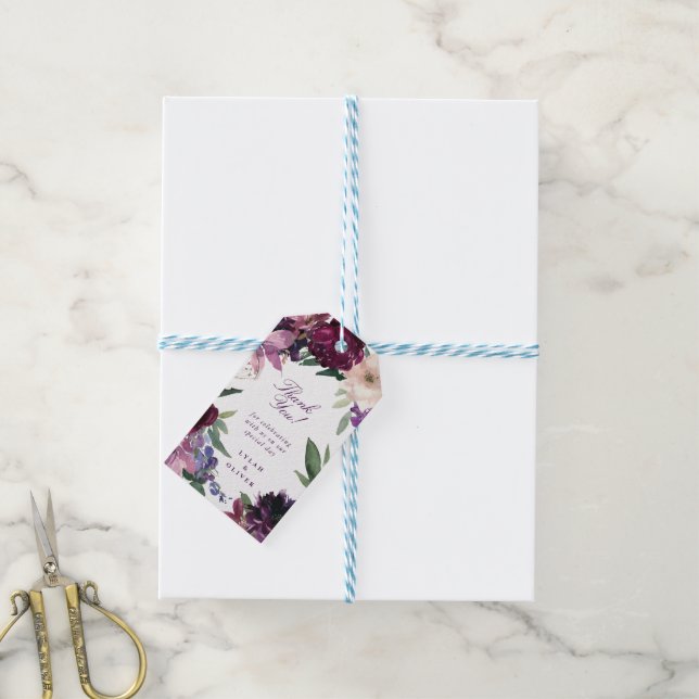 Lush Purple Blumen | Romantische Hochzeit Geschenkanhänger (Mit Garn)