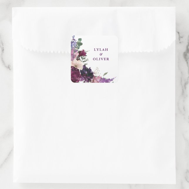Lush Purple Blumen | Romantische Hochzeit Quadratischer Aufkleber (Tasche)