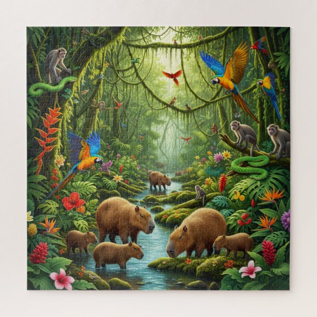 Lush rainforest scene teeming with capybaras (Vertikal)