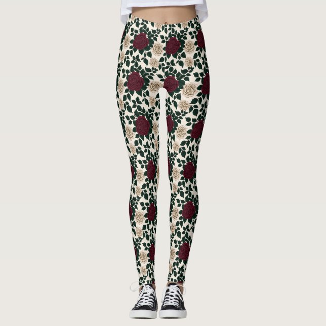 Lush Red And Burgundy Roses With Dark Green Leaves Leggings (Vorderseite)