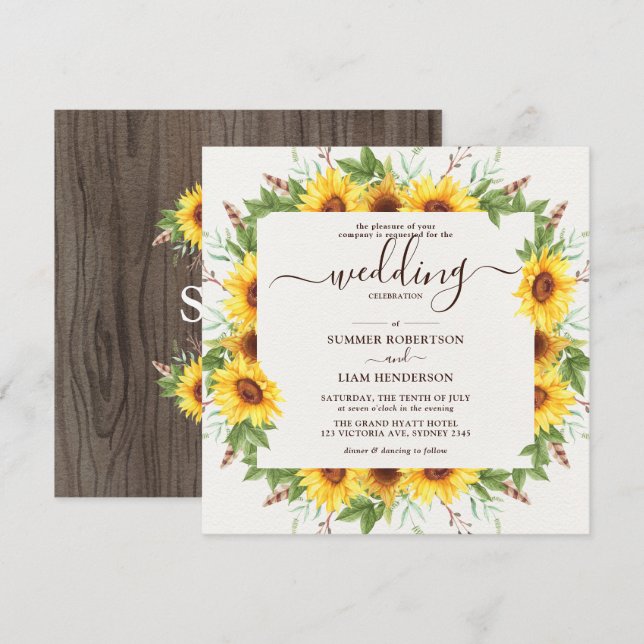 Lush Rustic Watercolor Sonnenblumen Hochzeit Einladung (Vorne/Hinten)