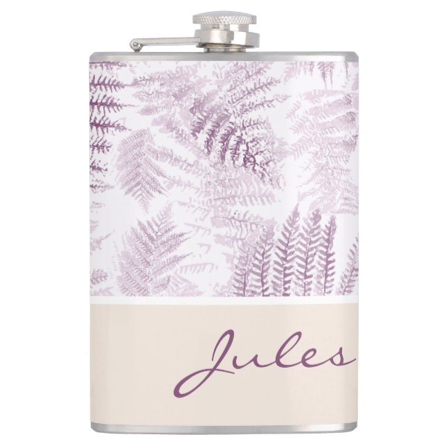 Lush Serene Pink Ferns auf Orange Flachmann (Vorderseite)