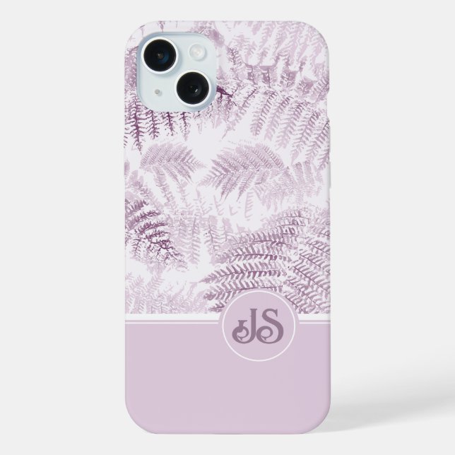 Lush Serene Pink Ferns Monogram Initials iPhone 15 Plus Hülle (Rückseite)