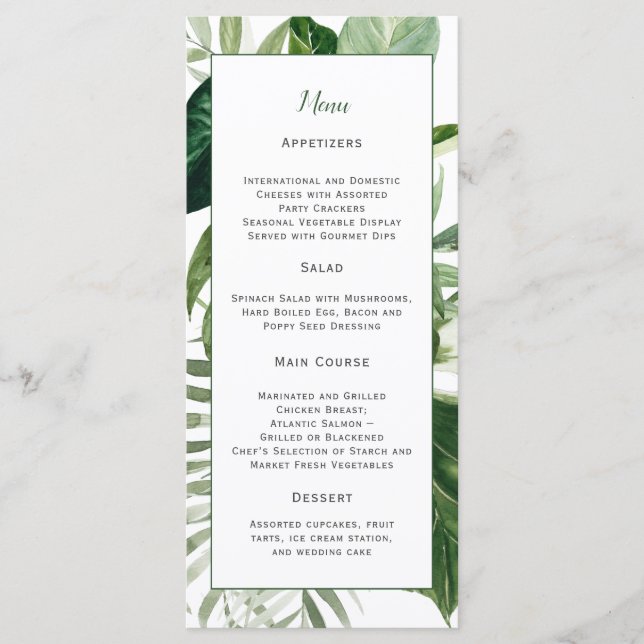Lush Tropical Greenerenerity Wedding Menükarte (Vorderseite)