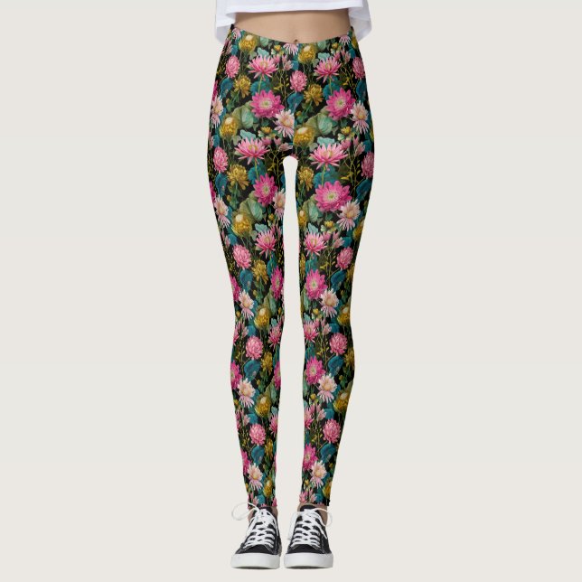 Lush Tropical Leaves Pink Exotic Flowers Botanical Leggings (Vorderseite)