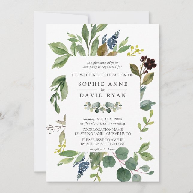 Lush Watercolor Greenerérie Geometric Frame Weddin Einladung (Vorderseite)