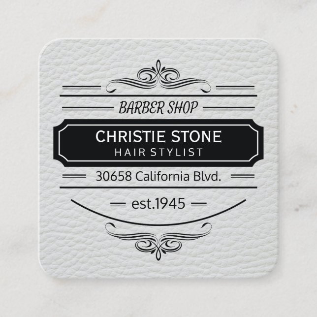 Lush White Leather Print Retro Label Barber Quadratische Visitenkarte (Vorderseite)