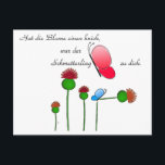Lustger Spruch "Schmetterling" Postkarte<br><div class="desc">Karte mit lustigem Spruch "Hat die Blume einen Knick, war der Schmetterling zu dick".</div>