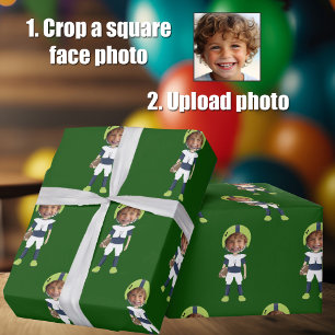 Lustig Add Kinder Gesicht Foto Fußballspieler Grün Geschenkpapier