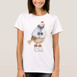 Lustig modisches Huhn im Winterumhang und Stiefeln T-Shirt