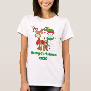 Lustige 2020 Rentier Schneemann Gesichtsmasken Wei T-Shirt
