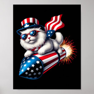 Lustige 4. Juli patriotische Katze Rakete mit Feue Poster