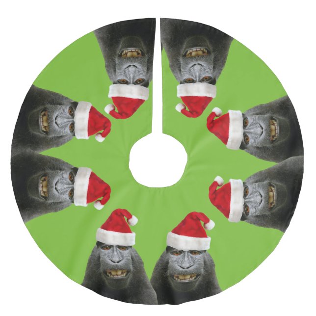 Lustige Affen in den Weihnachtsmannmützen Polyester Weihnachtsbaumdecke (Vorderseite)