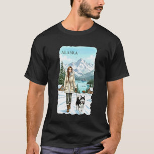 Lustige Alaska-Reise-Kunst Frau mit Husky im Schne T-Shirt