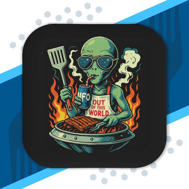 Lustige Alien-BBQ-Illustration Retro-Sci-Fi-Grilla Pappteller (Von Creator hochgeladen)
