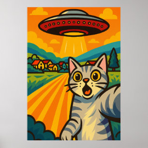 Lustige Alien-Katze UFO-Entführung Katze Retro-Pop Poster