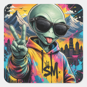Lustige Alien-Vibes Quadratischer Aufkleber
