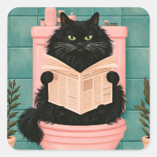 Lustige Badezimmer-Schwarze Katze Quadratischer Aufkleber