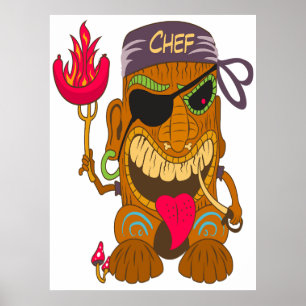 Lustige Bandana-Tiki-Küchenchef mit brennender Wur Poster