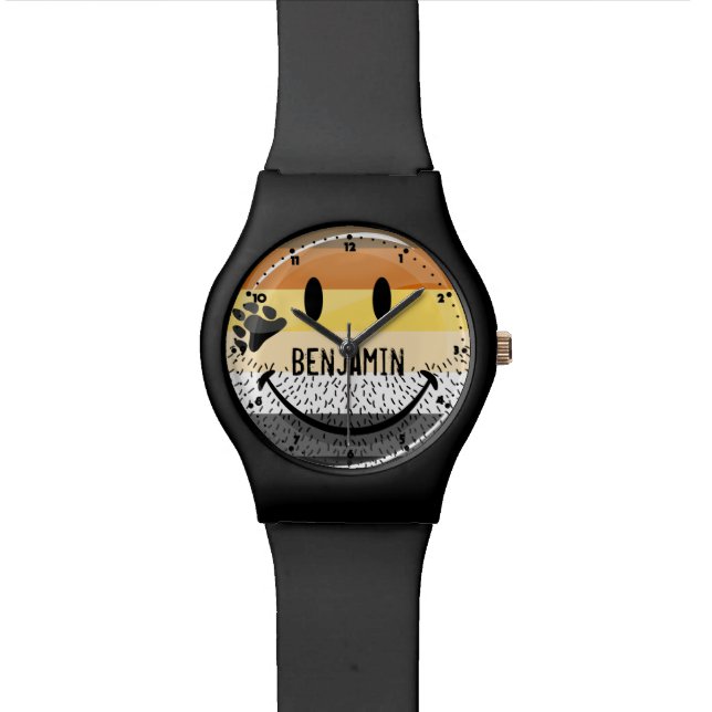Lustige bärtige glückliche homosexuelle armbanduhr (Nahaufnahme)