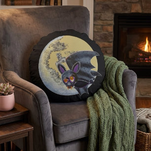 Lustige betrunkene Halloween-Vollmond-Fledermaus Rundes Kissen