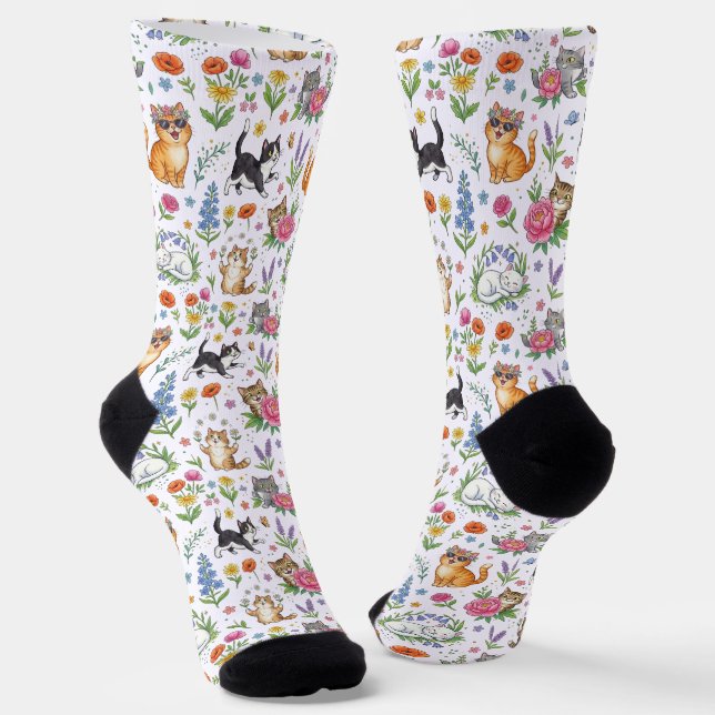 Lustige Blumenkatzen gemusterte Crew Socken (Gewinkelt)